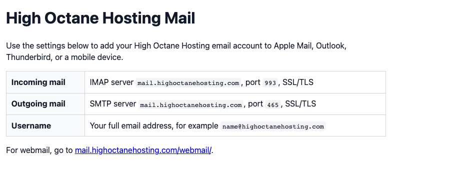 High Octane Hosting Mail settings page