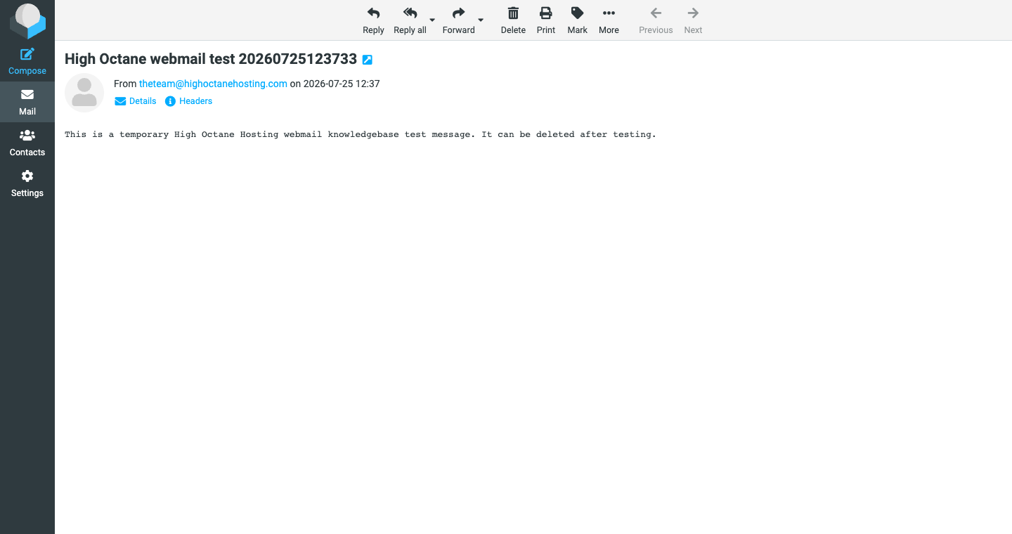 Reading a message in High Octane Hosting webmail